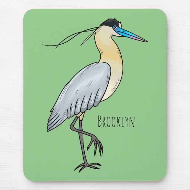 Capped heron bird cartoon illustration mouse mat (Front)