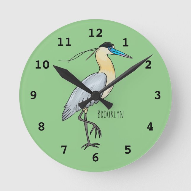 Capped heron bird cartoon illustration  round clock (Front)