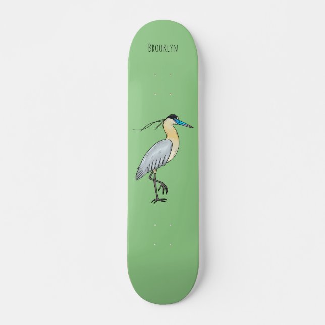 Capped heron bird cartoon illustration skateboard (Front)