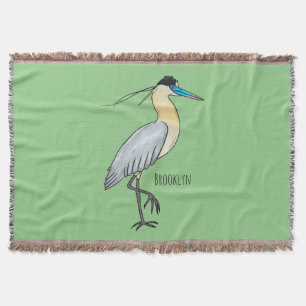 Capped heron bird cartoon illustration throw blanket