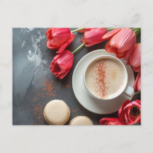 Cappuccino and Macarons surrounded by tulips