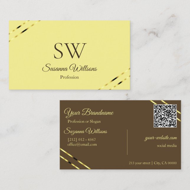 Cappuccino Beige Gold Lines with Monogram QR Code Business Card (Front/Back)
