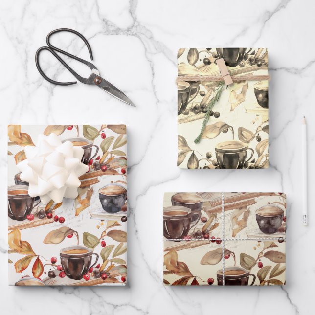 Cappuccino cup watercolor pattern wrapping paper sheet (Front)