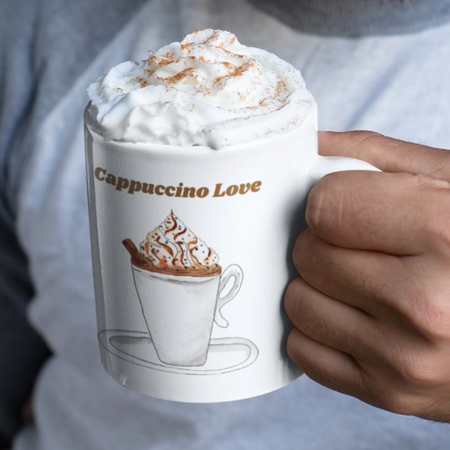 Cappuccino Love Watercolor With Cinnamon Coffee Mug (Infuse your mornings with Cappuccino Love, one sip at a time.)