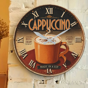 Cappuccino Vintage Coffee Bar Farmhouse Kitchen Large Clock