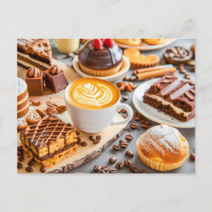 Cappuccino with assorted pastries and chocolate ca holiday postcard