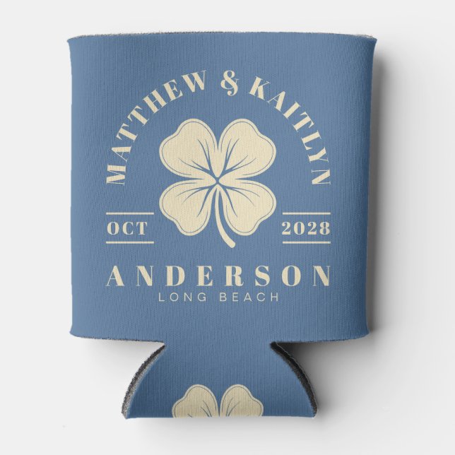 Capri Blue Irish Lucky Clover Wedding Crest Can Cooler (Front)