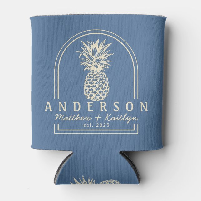 Capri Blue Pineapple Wedding Arch & Name Can Cooler (Front)