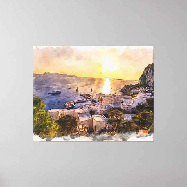 Capri island sunset painting with harbor and boats canvas print (Front)