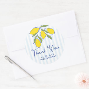 Capri Italian Hand Drawn Lemons Blue Stripes Classic Round Sticker