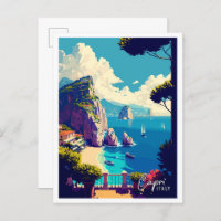 Capri Italy Art vintage travel illustration
