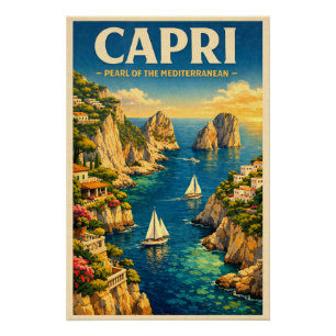 Capri, Italy, in a classic retro travel Poster