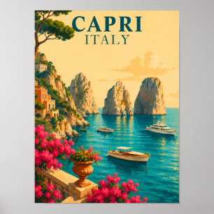 Capri Italy Vintage Travel Faraglioni Sea Stacks Poster