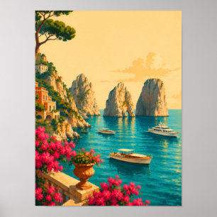 Capri Italy Vintage Travel Faraglioni Sea Stacks Poster