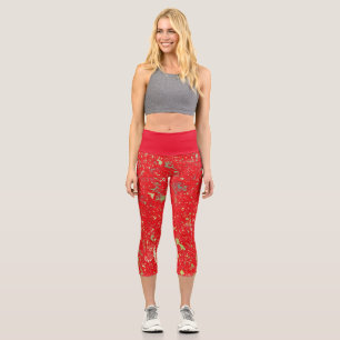 Capri Leggings in Red & Green Abstract Design