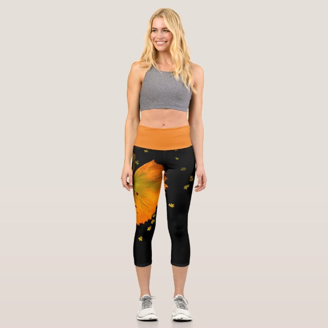 Capri Leggings Orange Leaf & Black (Front)