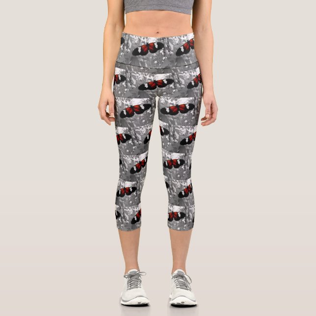 Capri Leggings Red Butterfly B&W Background (Front)