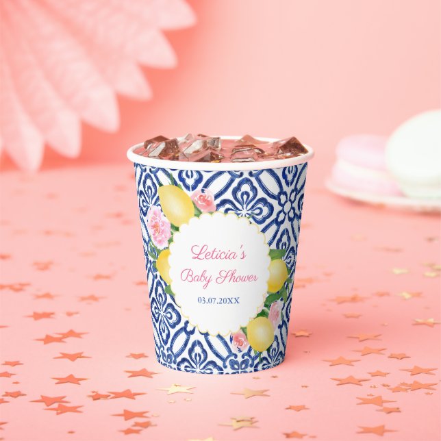 Capri Lemons Blue & White Tiles Baby Shower Party Paper Cups (Insitu)