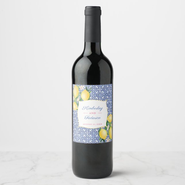 Capri Lemons Blue White Tiles Print Wedding Lunch Wine Label (Front)