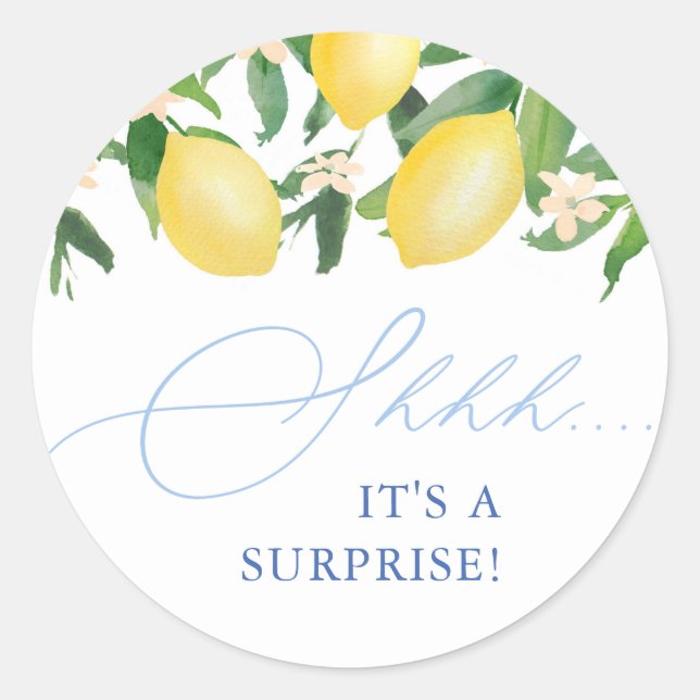 Capri Lemons Light Blue Shh! It's A Surprise Party Classic Round Sticker (Front)