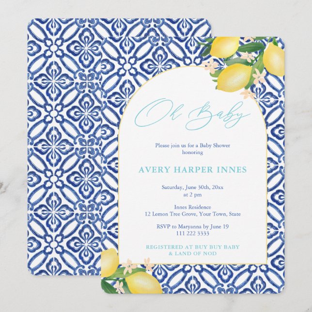 Capri Lemons Teal Oh Baby Theme Baby Shower Invitation (Front/Back)