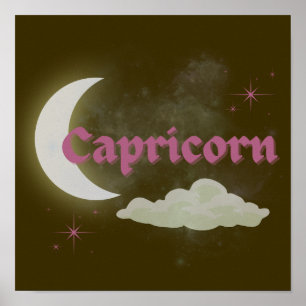 Capricorn Celestial Moon Cloud Stars Astrology Art Poster
