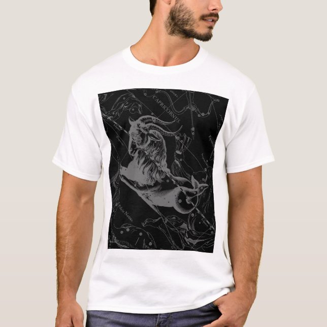Capricorn Constellation Map Hevelius 1690 on Black T-Shirt (Front)