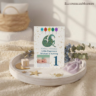 Capricorn First Birthday Gold, & Photo Invitation