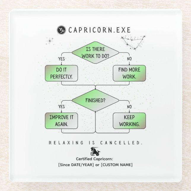 Capricorn Flowchart Funny Zodiac Humor (colourful) Glass Coaster (Front)