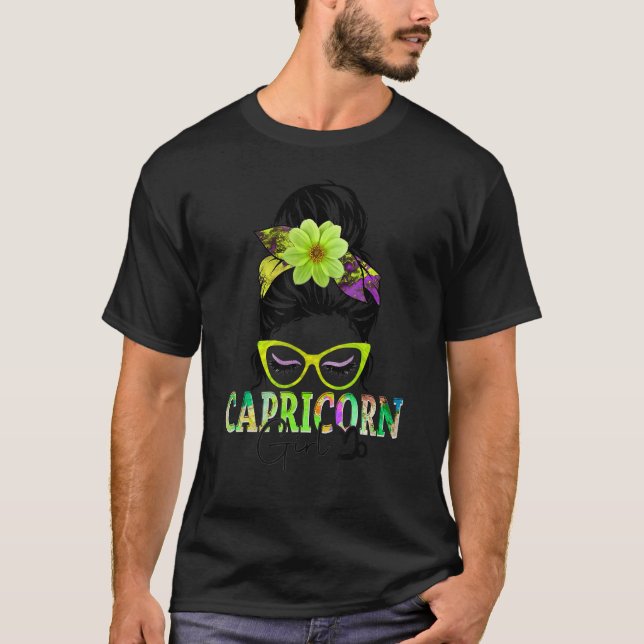 Capricorn Girl Birthday Messy Bun Hair Colourful F T-Shirt (Front)