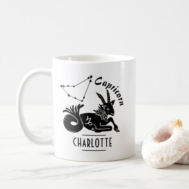 Capricorn Goat Constellation Custom Name Birthday Coffee Mug (With Donut)