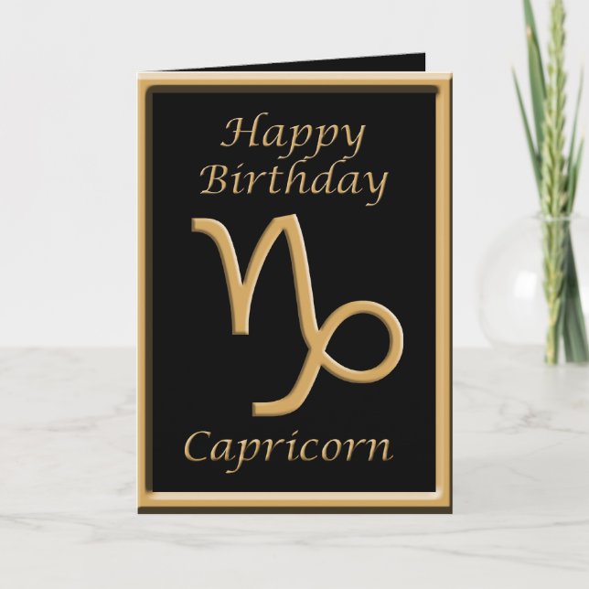 Capricorn Gold Symbol Black Birthday Greeting Card (Front)