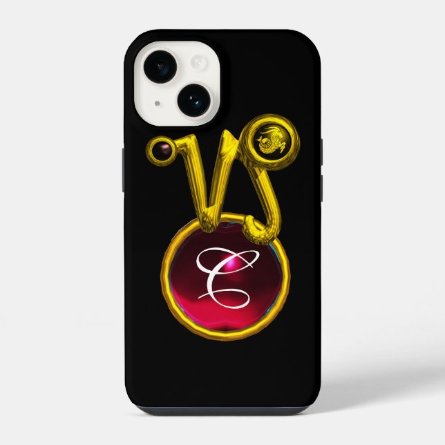 CAPRICORN GOLD ZODIAC SIGN RED RUBY MONOGRAM iPhone CASE (Back)
