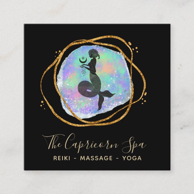 *~* Capricorn Mermaid Opal Gold Rainbow Goddess  Square Business Card (Front)