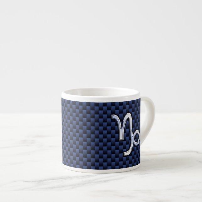 Capricorn Sign Navy Blue Carbon Fibre Style Espresso Cup (Front Right)