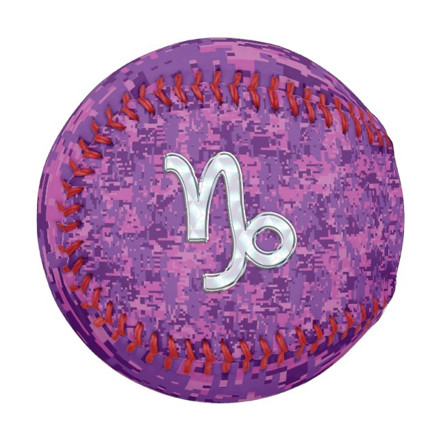 Capricorn Sign on Fuchsia Digital Camouflage Baseball (Front Left)