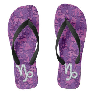 Capricorn Sign on Fuchsia Digital Camouflage Flip Flops