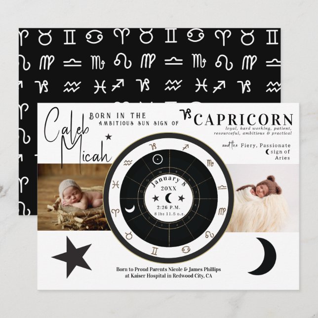 Capricorn Sun & Moon Sign Birth Announcement (Front/Back)