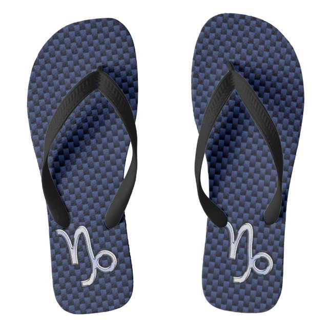 Capricorn Symbol Navy Carbon Fibre Style Flip Flops (Footbed)