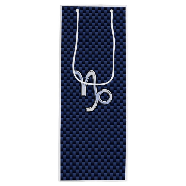 Capricorn Symbol Navy Carbon Fibre Style Wine Gift Bag (Front)