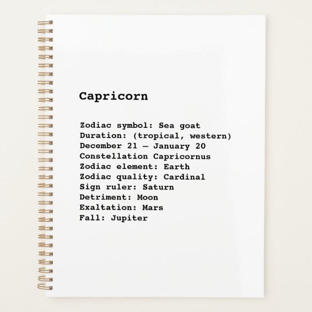 Capricorn white black typewriter custom text quote planner (Front)