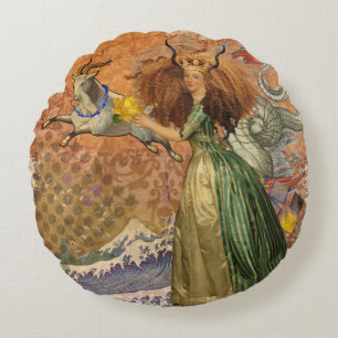 Capricorn Woman Goat Whimsical Fun Round Cushion