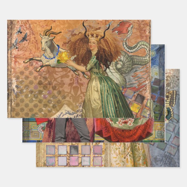 Capricorn Woman Goat Whimsical Fun Wrapping Paper Sheet (Set)