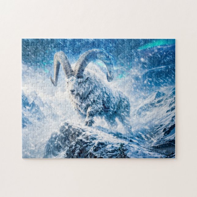 Capricorn Zodiac as Majestic Ram Under Aurora Sky Jigsaw Puzzle (Horizontal)