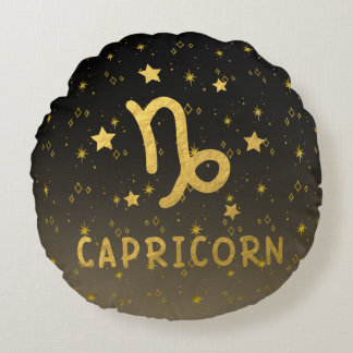 Capricorn Zodiac Black and Gold Round Pillow