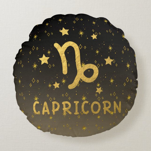 Capricorn Zodiac Black and Gold Round Pillow (Front)