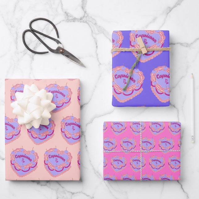 Capricorn Zodiac Coquette Heart Birthday Cake Wrapping Paper Sheet (Front)