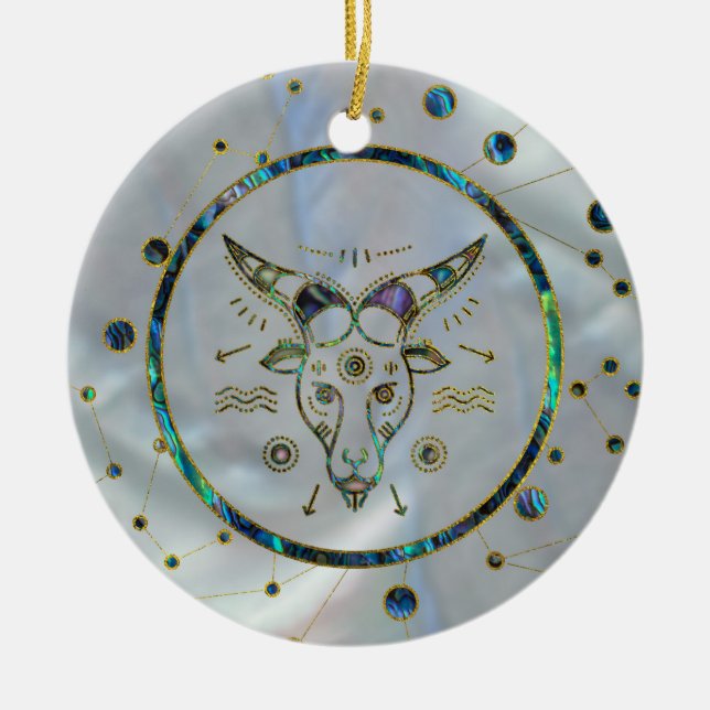 Capricorn Zodiac Gold Abalone on Constellation Ceramic Tree Decoration (Front)