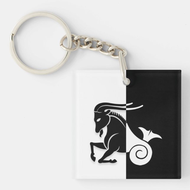 Capricorn Zodiac Sign, Black & White Keychain (Front)