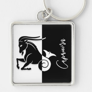 Capricorn Zodiac Sign, Black & White Keychain